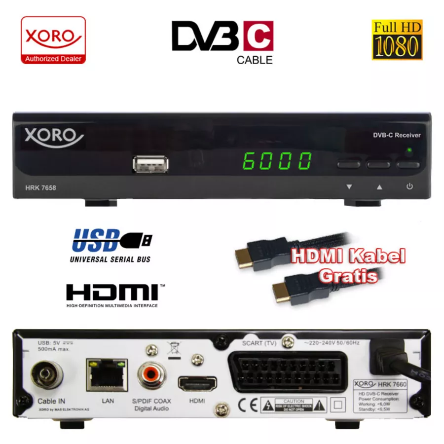 Digital HD Kabel Receiver Xoro HRK 7658 USB LAN HDMI Scart EPG DVBC TV