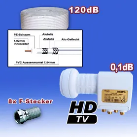 33m Koaxialkabel SAT Kabel 120dB + Quad LNB Smart + F-Stecker