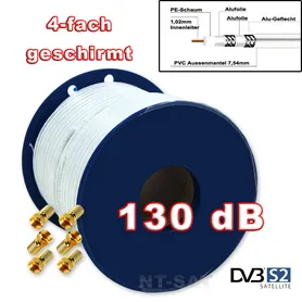 Sat Kabel 50m, Grundpreis 0,18 € 1m, 130 dB Koaxialkabel + 6 F-Stecker