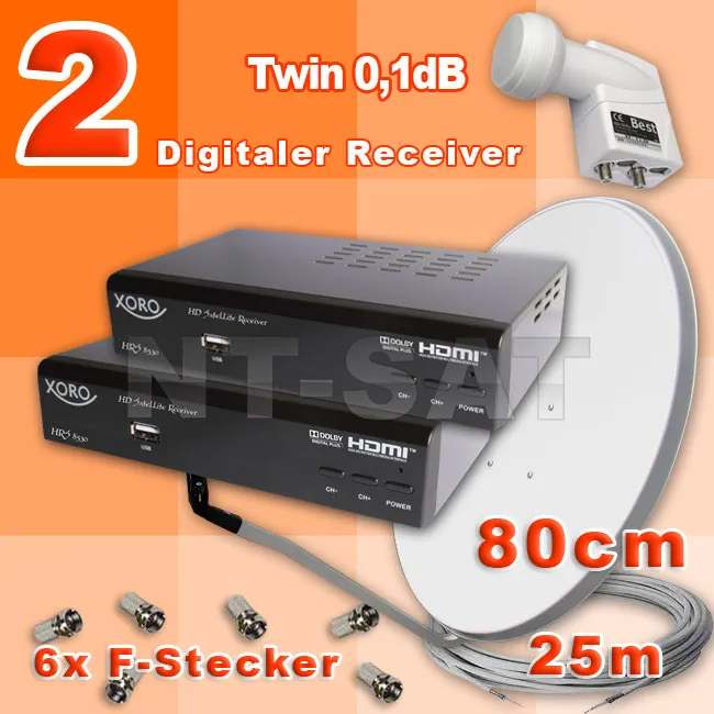 Komplettanlage mit 2 Digital HD Receiver XORO HRS 8530, 0.1dB LNB Twin, Kabel