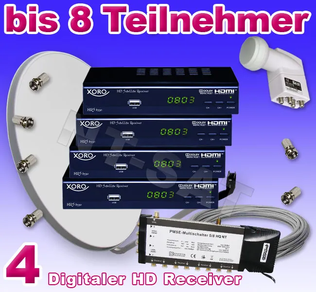 Sat Anlage 8 Teilnehmer inkl. 4 Digital HD Receiver LNB xoro 8600 CI USB HDMI