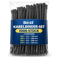 B.e.s.t Kabelbinder Set 1000 Stück schwarz Nylon UV-beständig 150–250 mm