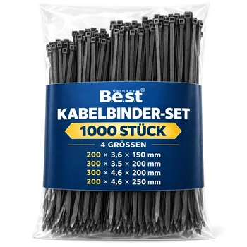 B.e.s.t Kabelbinder Set 1000 Stück schwarz Nylon UV-beständig 150–250 mm