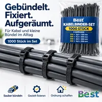 B.e.s.t Kabelbinder Set 1000 Stück schwarz Nylon UV-beständig 150–250 mm