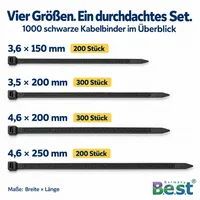 B.e.s.t Kabelbinder Set 1000 Stück schwarz Nylon UV-beständig 150–250 mm