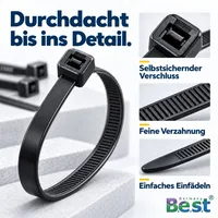 B.e.s.t Kabelbinder Set 1000 Stück schwarz Nylon UV-beständig 150–250 mm