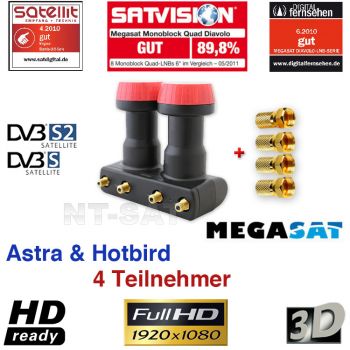 Quad Monoblock LNB Megasat Diavolo 0,1dB Astra & Hotbird full HDTV 3D