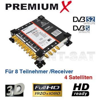 Multischalter 17/8 4 Satelliten Sat Verteiler Multiswitch FullHD HDTV 3D 8x Teilnehmer + 1x Terr