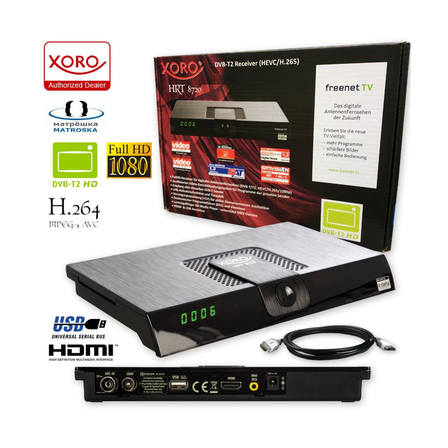 netshop 25 Xoro HRT 8720/8724 Full HD HEVC DVB-T/T2 Receiver schwarz H.265, HDTV, HDMI, Irdeto Zugangssystem, Mediaplayer, PVR Ready, USB 2.0, 12V 20 dB ANTENNE 