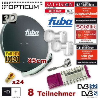 SAT Anlage 8 Teilnehmer 2 Sat FUBA DAA850A Multischalter 9/8 LNB FULL HDTV 3D