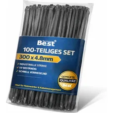 Kabelbinder Schwarz - 4,8 x 300 mm – Reißfest, Belastbar & Robust – Kunststoff Kabelbinder UV-Beständig – Befestigungsbinder, Kabelhalter