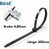 Kabelbinder Schwarz - 4,8 x 300 mm – Reißfest, Belastbar & Robust – Kunststoff Kabelbinder UV-Beständig – Befestigungsbinder, Kabelhalter