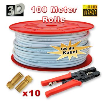 sat kabel 120 db 100 m + Kompressionszange + 10 Kompressionsstecker Koaxialkabel HD 3D