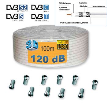 Sat Kabel 100m, Koaxialkabel + 10 F-Stecker # Schirmungsmass 120 dB