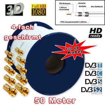 ! Sat Kabel 50m DIGITAL 130dB Koaxial HD+ sky 3D