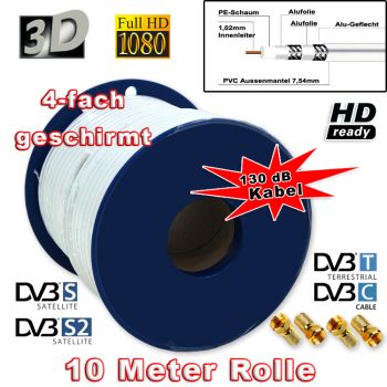 ! SAT Kabel 10m 130dB Koaxial Antennen Kabel Digital FULL HDTV 3D HD