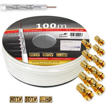 100m 135dB Sat Kabel KUPFER 5-fach geschirmt Klasse A+ Antennen Kabel Ultra HD 3D