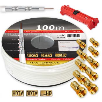 100m 135dB 5-fach geschirmt Klasse A+ Koaxialkabel Antennen KABEL + Abisolierer