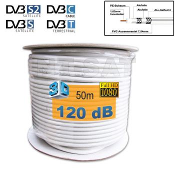 Sat Kabel 50 Meter Koaxial 120 dB Weiß, 4-fach # 3D HDTV sky