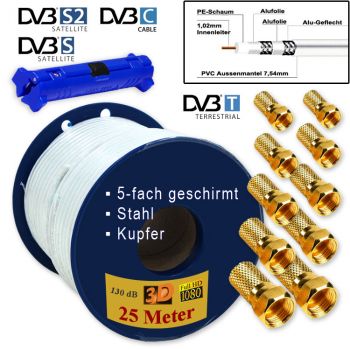 Koaxialkabel 25m 130dB 5-Fach + 10 Stecker + Abisolierer # 3D FullHD