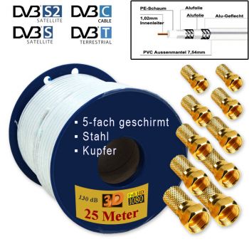 Koaxialkabel 25m 130dB 5-Fach + 10 Stecker # Sat Antennenkabel 3D HDTV