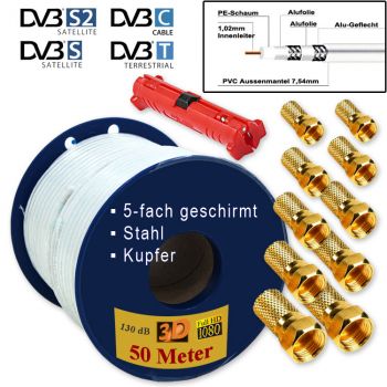 Koaxialkabel 50m 130dB 5-Fach + 10 Stecker + Abisolierer # 3D FullHD