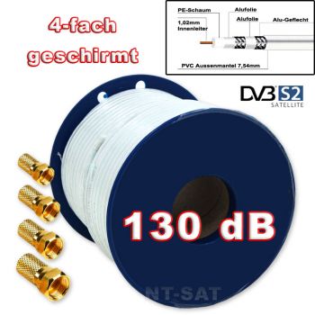 Sat Kabel 25m, 130dB Koaxialkabel + 4 F-Stecker