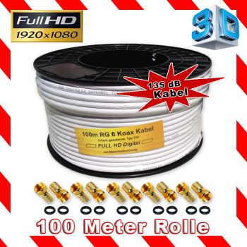 Sat Kabel 100m 135dB Antennenkabel Koaxialkabel 5-fach DIGITAL HD TV 3D