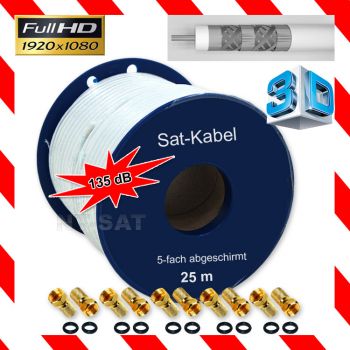 25m 135dB 5 Fach Sat Kabel Digital Antennenkabel Stahl Kupfer Koaxialkabel Full HD 3D