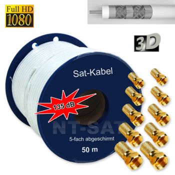 50m 135dB 5 Fach Sat Kabel Digital Antennenkabel Stahl Kupfer Koaxialkabel Full HD 3D