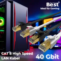 CAT 8.1 Patchkabel RJ45 S/FTP Kupfer 40 Gbit/s Schwarz Flach 0,5-15 m