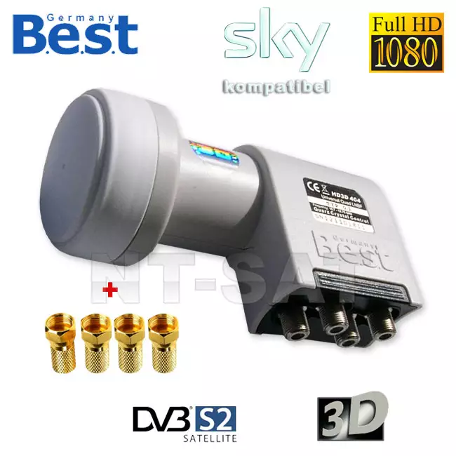 BEST Germany QUAD LNB Rauschmaß nur: 0,1dB HDTV, Full HD, 3D Ready + 4 vergoldete F-Stecker