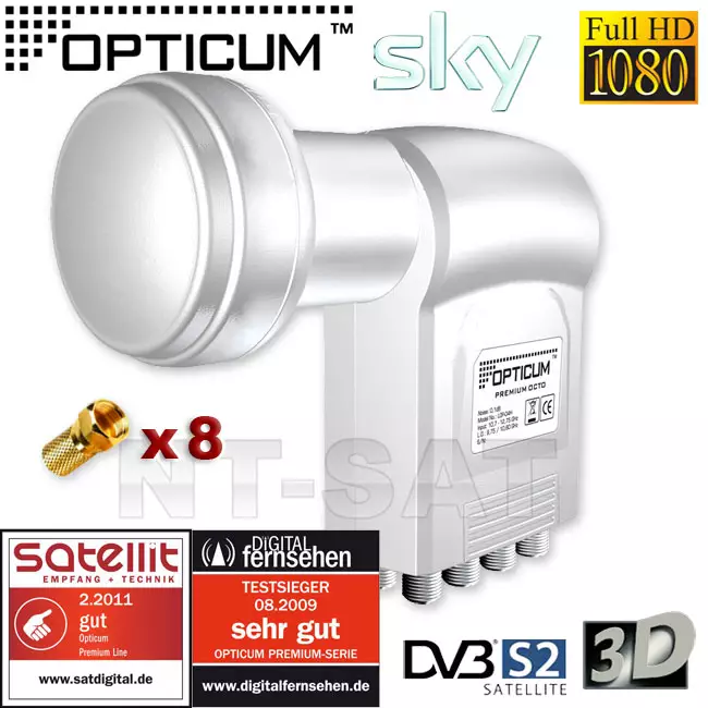 LNB OCTO 0,1dB DIGITAL Opticum HDTV Full HD 3D + 8 vergoldete F-Stecker