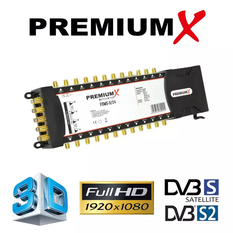 PremiumX Multischalter PXMS 9/24 Multiswitch Matrix 9-24 mit Netzteil für 24 Teilnehmer Switch Sat Digital FULLHD 3D UltraHD NEU