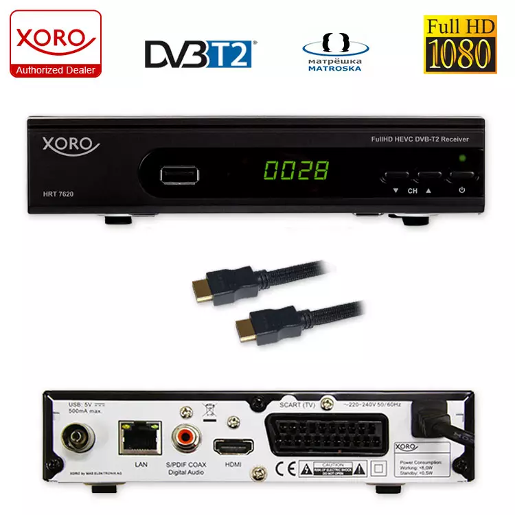 Xoro HRM 7620 Full HD HEVC DVB-T/T2/C Kombi Receiver HDTV, HDMI, SCART, Mediaplayer, USB 2.0, LAN, PVR Ready schwarz & HAN 100 Aktive DVB-T2 Zimmer-Antenne  schwarz 
