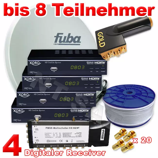 8 Teilnehmer inkl. 4 Digital HD Receiver Xoro 8525, Fuba