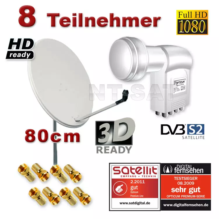 HD Sat Anlage 80cm Spiegel Opticum LNB 8Teilnehmer Schüssel Multischalter 5/8 