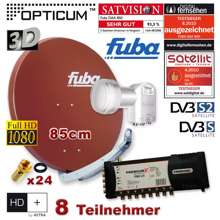 Satanlage Spiegel Fuba 85cm Rot + Quattro LNB + PremiumX PXMS-5/8 Satanlage Spiegel Fuba 85cm Rot + Quattro LNB + PremiumX PXMS-5/8