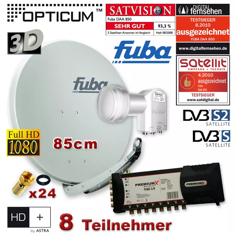 Satanlage Spiegel Fuba 85cm Hellgrau + Quattro LNB + PremiumX PXMS-5/8 Satanlage Spiegel Fuba 85cm Hellgrau + Quattro LNB + PremiumX PXMS-5/8