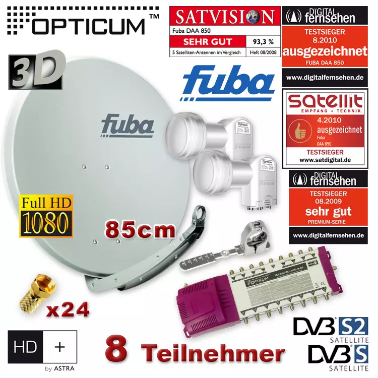 PMSE Multischalter 5/8 FUBA 8 Teilnehmer Digital SAT Anlage DAA850G 24 Vergoldete F-Stecker Gratis dazu Opticum LNB 0,1dB Full HDTV 4K 