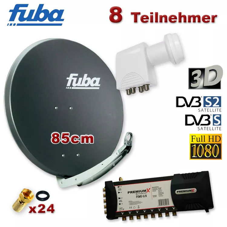 Satanlage Spiegel Fuba 85cm Antrazith + Quattro LNB + Multischalter 5/8 Satanlage Spiegel Fuba 85cm Antrazith + Quattro LNB + Multischalter 5/8