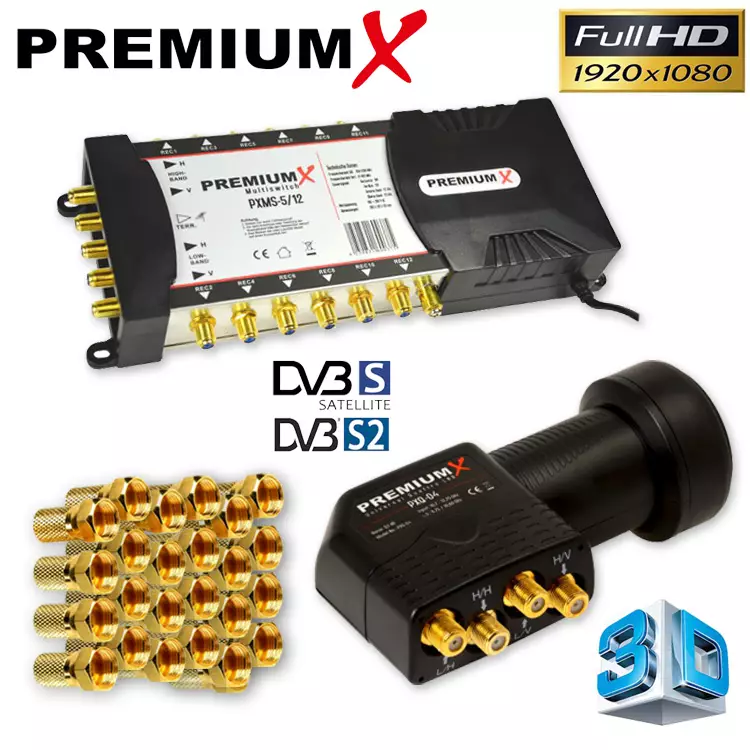 PremiumX LNB Quattro + PremiumX Multischalter PXMS 5/12 + F-Stecker