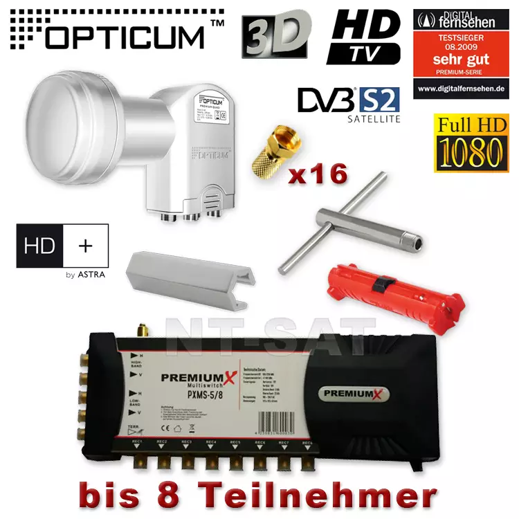 Sat Multischalter PremiumX PXMS-5/8 + Quattro LNB Opticum + Abisolierer