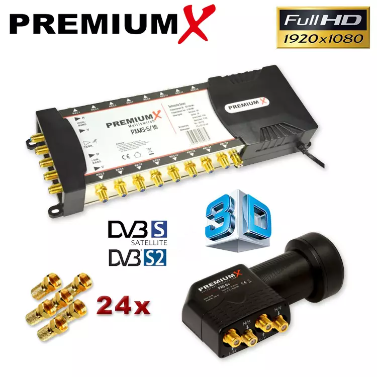 PremiumX LNB Quattro + PremiumX Multischalter PXMS 5/16 + F-Stecker