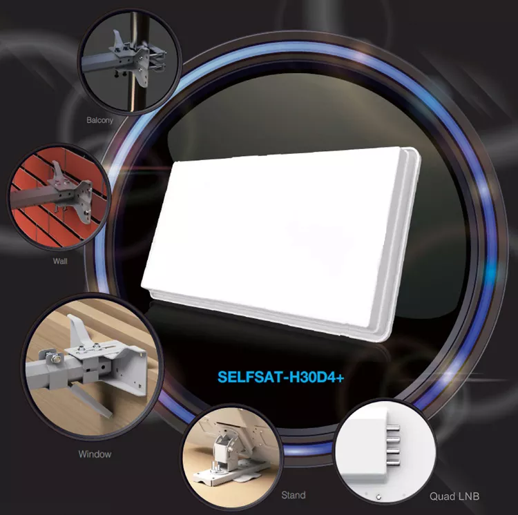 Selfsat H30D4+ SAT Flachantenne - 4 Teilnehmer Anlage Mit 50m Kabel Für Full HD & 4K