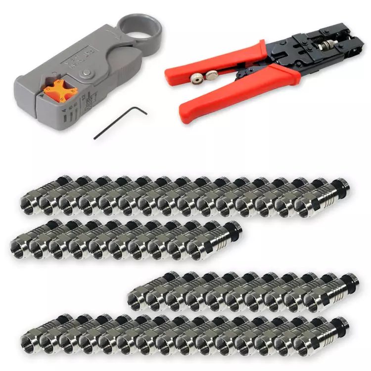 Kompressionszange Set. 50x F-Kompressionsstecker + Kompressionszange + Abisolierer