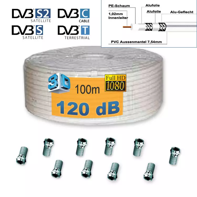 120 dB Koaxialkabel (Satkabel) 100m + 10 F-Stecker