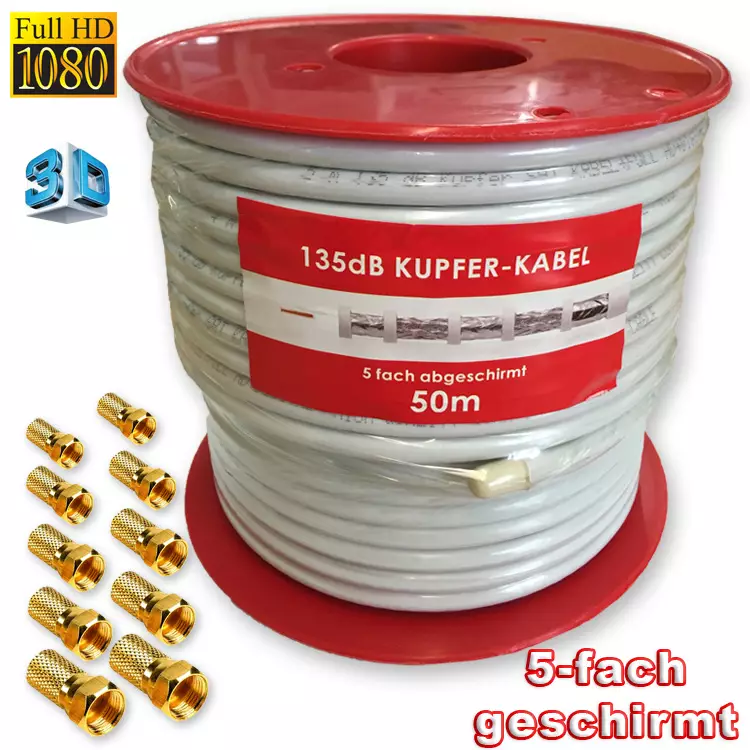 135dB Reines Kupfer 50m Sat Digital Koaxial Antennen Kabel HDTV 3D