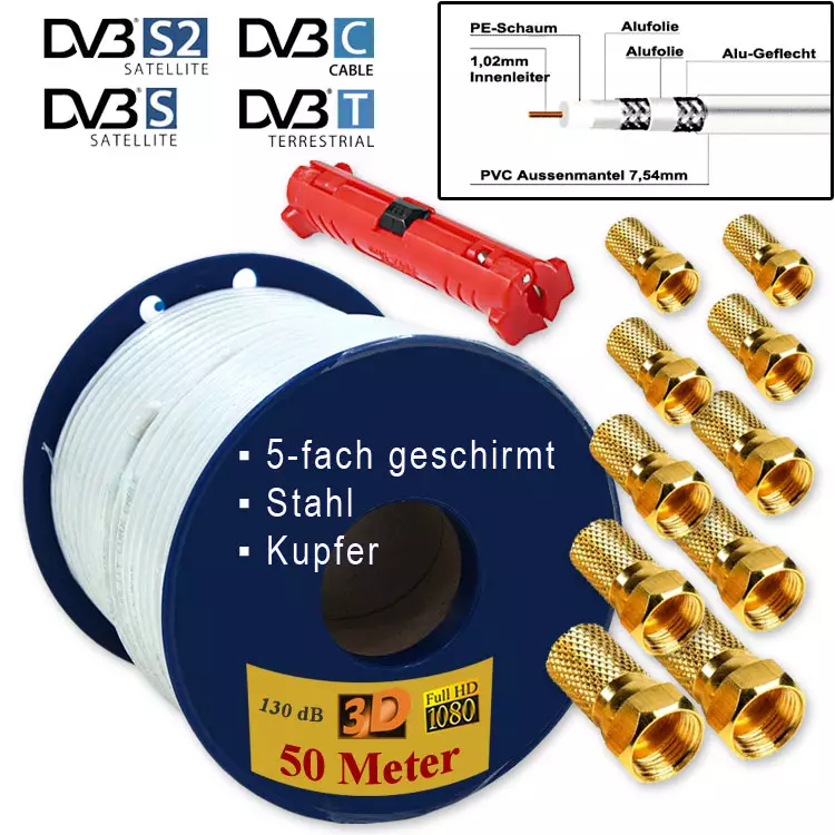 Koaxialkabel 50m 130dB 5-Fach + 10 Stecker # Sat Antennenkabel 3D HDTV