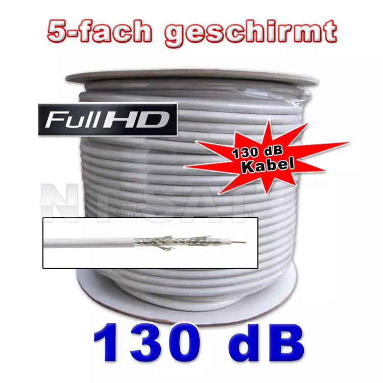 Koaxial 130 dB Kabel Weiß, 5-fach geschirmt